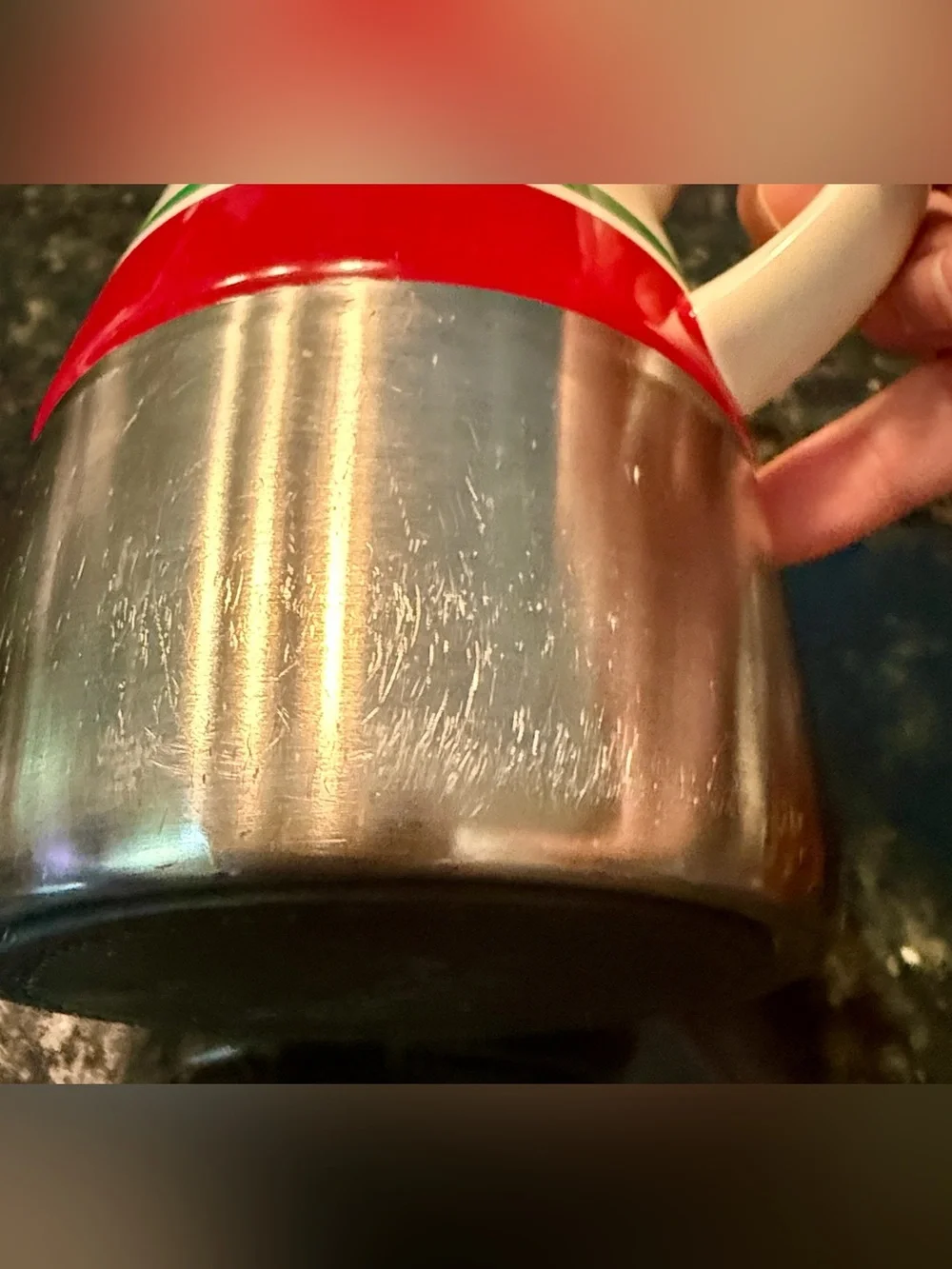 Starbucks Vintage 2006 Red White Green Ceramic Stainless Steel Coffee Mug 14 Oz